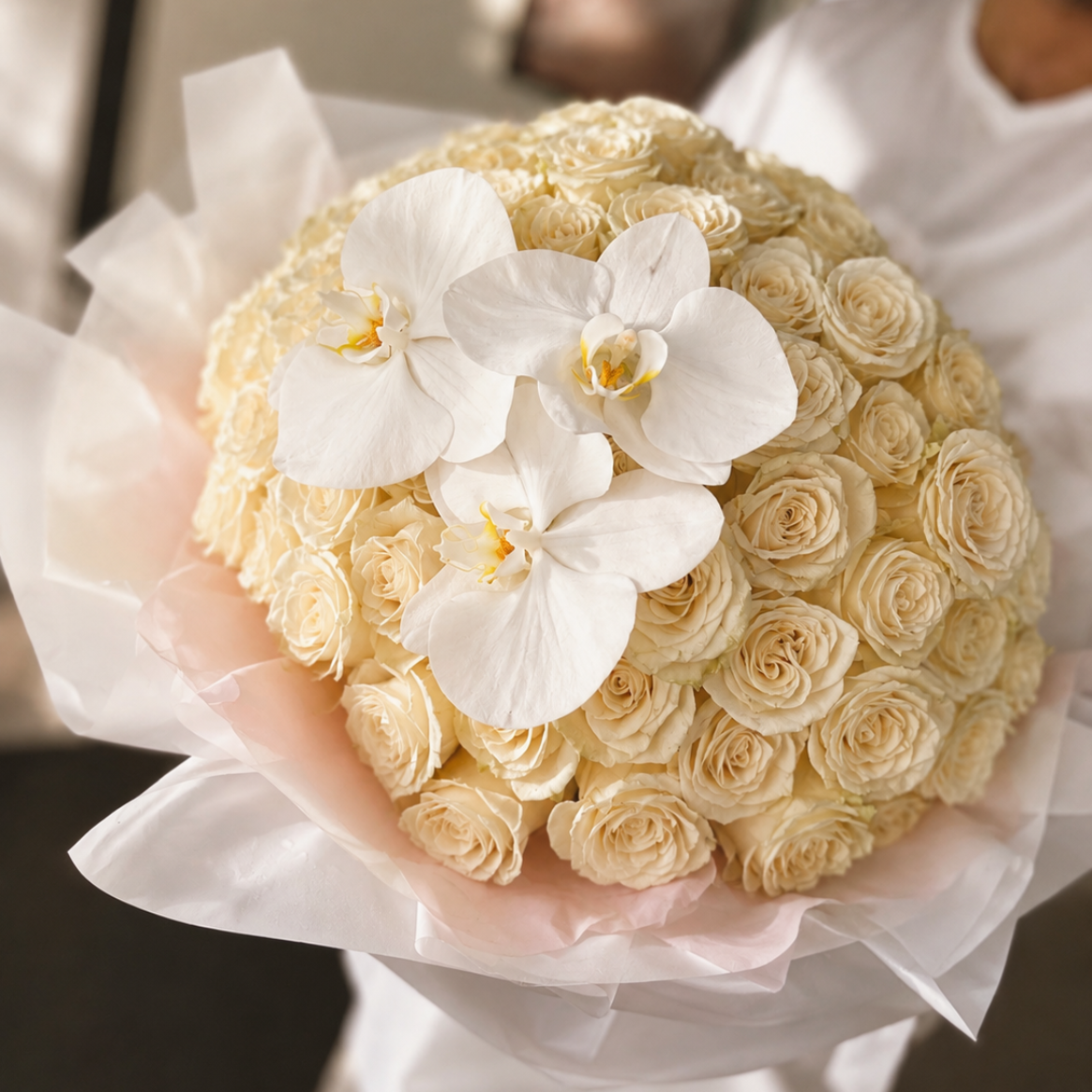 Luxury white rose and orchid bouquet Sydney