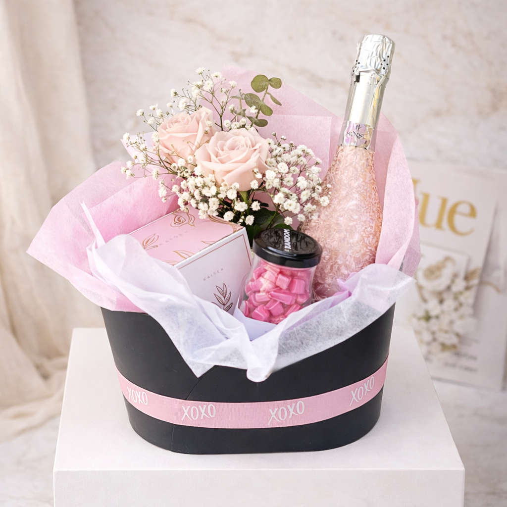 Gift Hamper with flowers, champagne, candle and treats | Sydney gift delivery daily