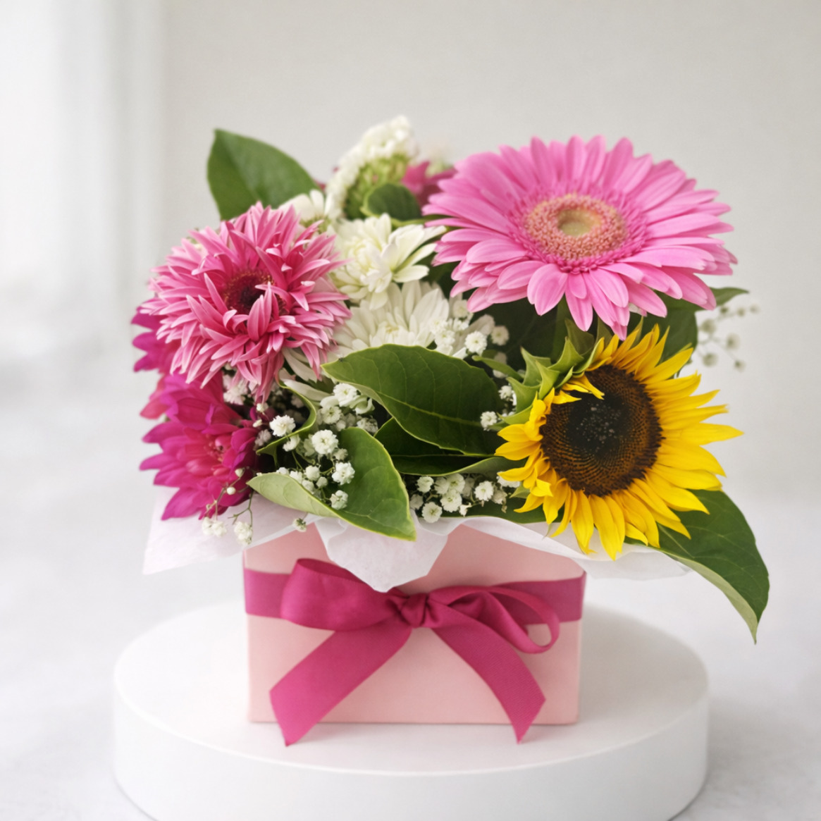 Our Bright Mixed Flower Box with vibrant gerberas, sunflowers and seasonal blooms arranged in a modern gift box | send flowers Kellyville