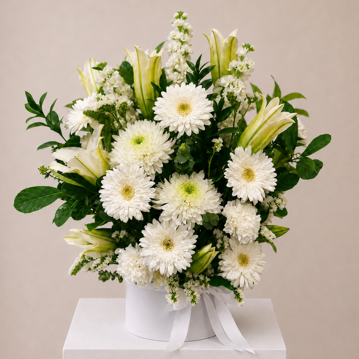 Elegant white sympathy flower arrangement featuring lilies, gerberas and chrysanthemums in a white hat box | white funeral flowers Sydney