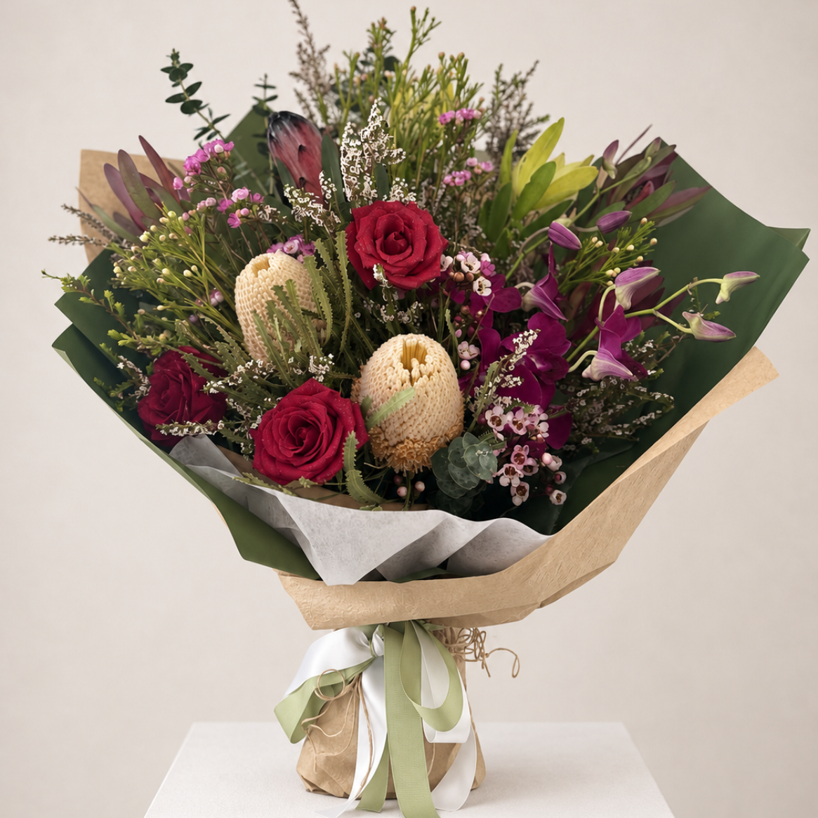 A beautifully arranged floral bouquet featuring red roses, mixed natives, eucalyptus and seasonal native flowers - same day flower delivery in Castle Hill, Carlingford, Parramatta and Sydney wide