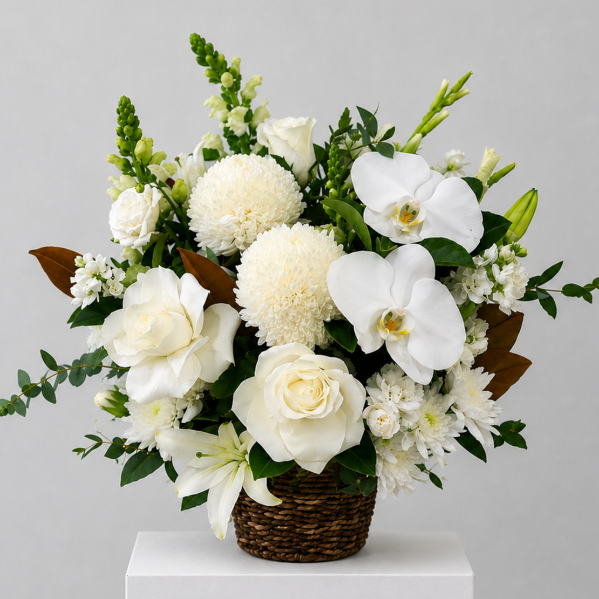 Luxury white orchid, rose and chrysanthemum basket arrangement with lilies and seasonal flowers. Sympathy flowers Sydney delivery
