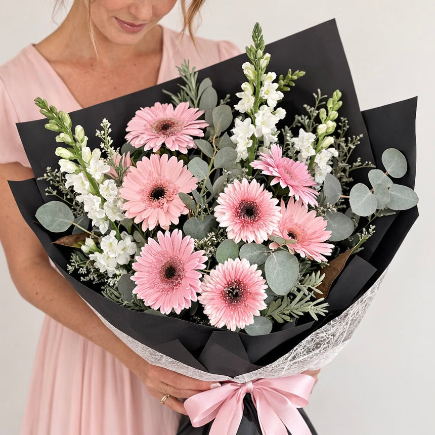 Pink Gerbera and eucalyptus foliage bouquet perfect for just because moments. Same day delivery to hills district and surrounding suburbs.
