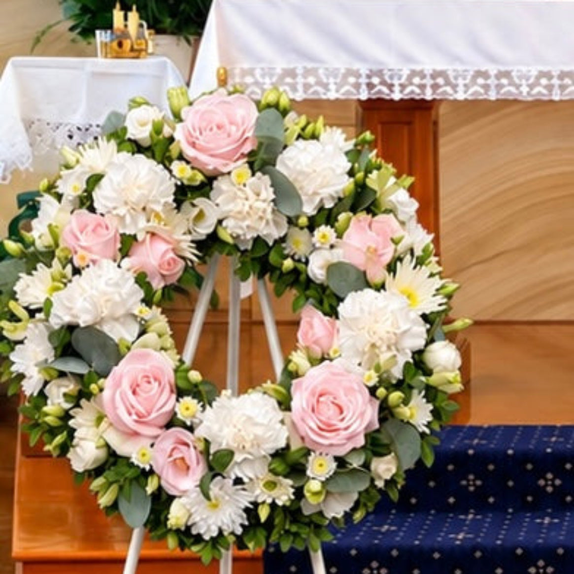 Pink and white flower Funeral Tribute Wreath Sydney