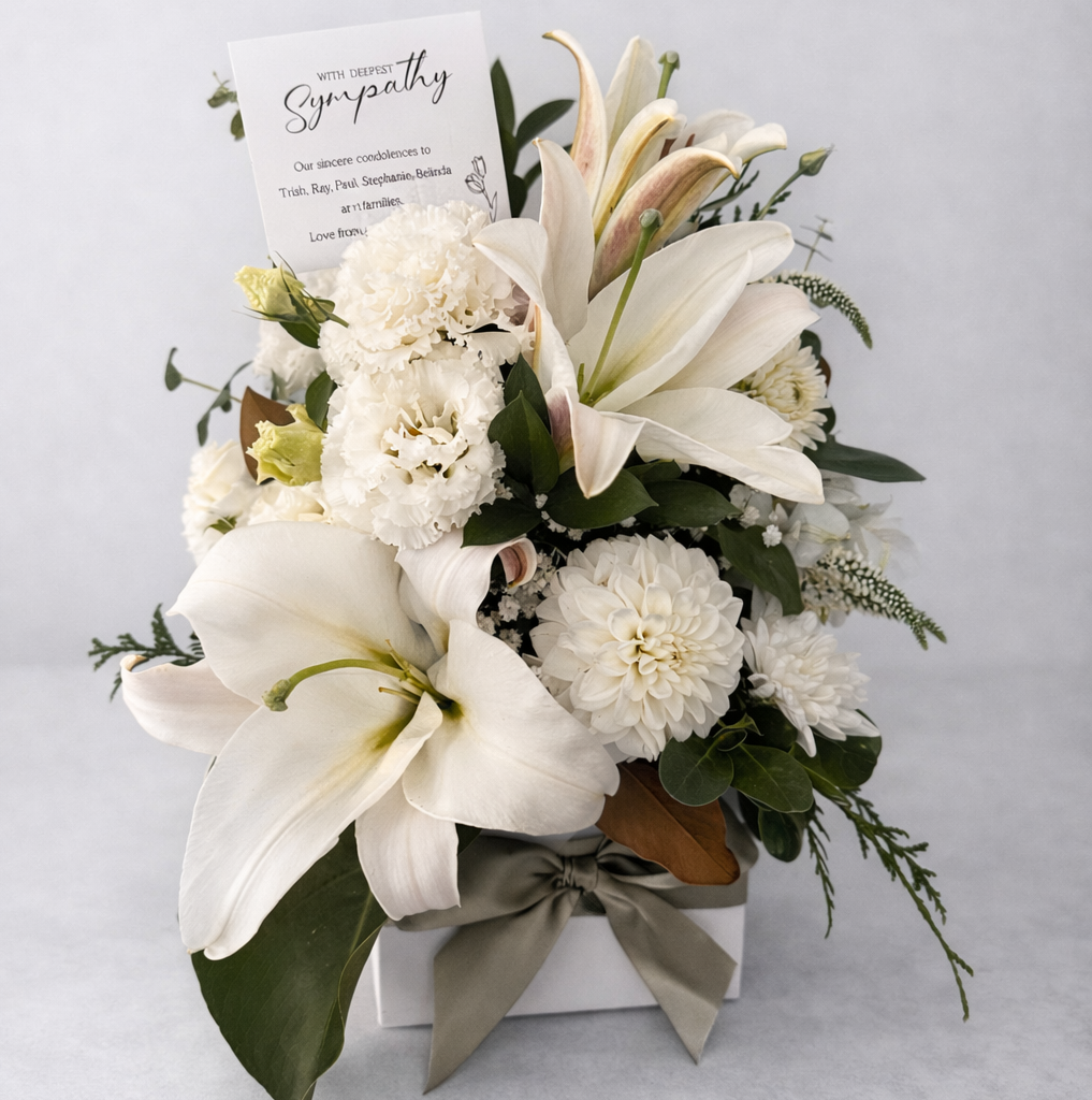 White sympathy condolence flower arrangement | funeral flowers Hills district flower delivery Sydney