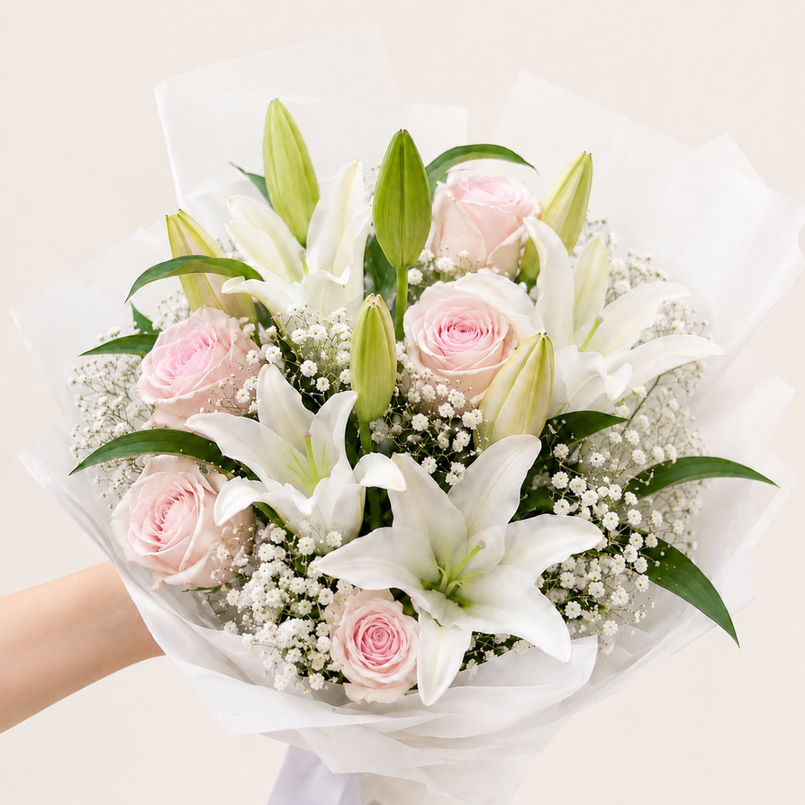 Bouquet of white lilies and pink roses available for same-day flower delivery in Sydney