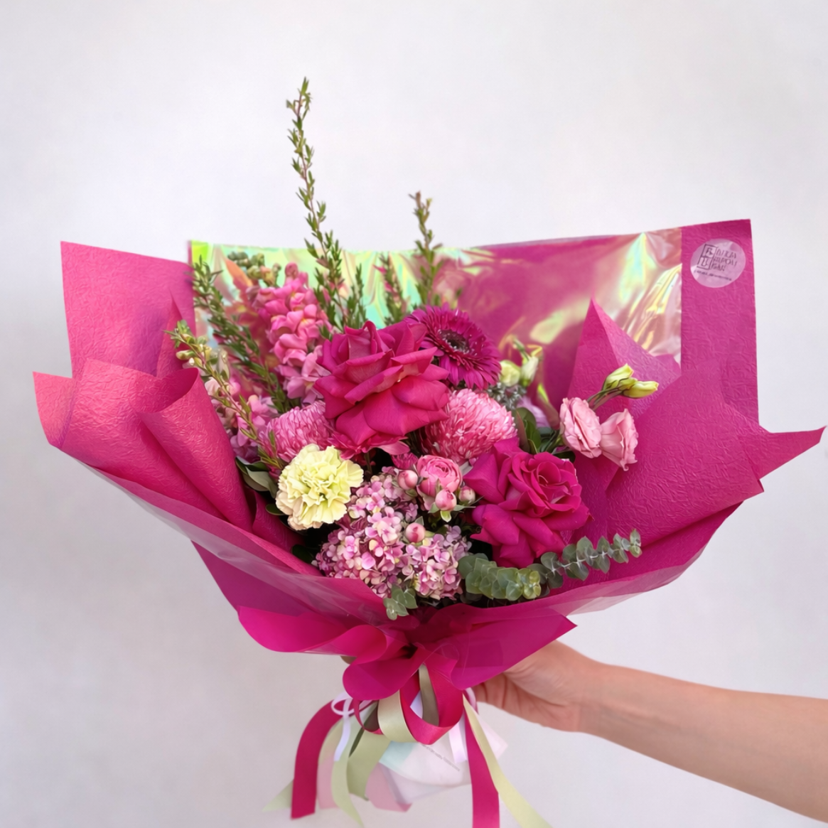 Bright pink Mother's Day bouquet with pink roses and chrysanthemums. Carlingford and Castle Hill Mothers Day flower delivery