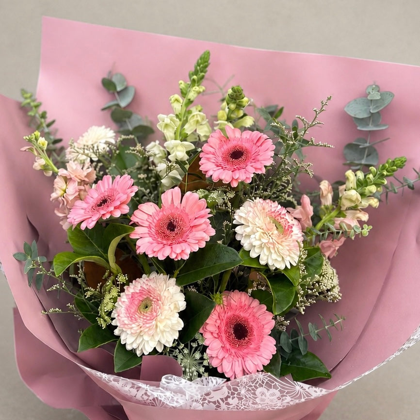 Pink Gerberas and eucalyptus foliage bouquet perfect for birthdays and just because moments. Same day delivery to Baulkham Hills, Cherrybrook and surrounding suburbs in Sydne.