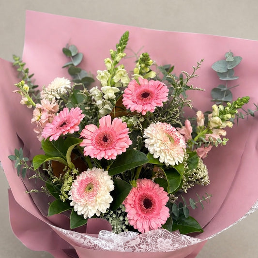Pink Gerberas and eucalyptus foliage bouquet perfect for birthdays and just because moments. Same day delivery to Baulkham Hills, Cherrybrook and surrounding suburbs in Sydne.