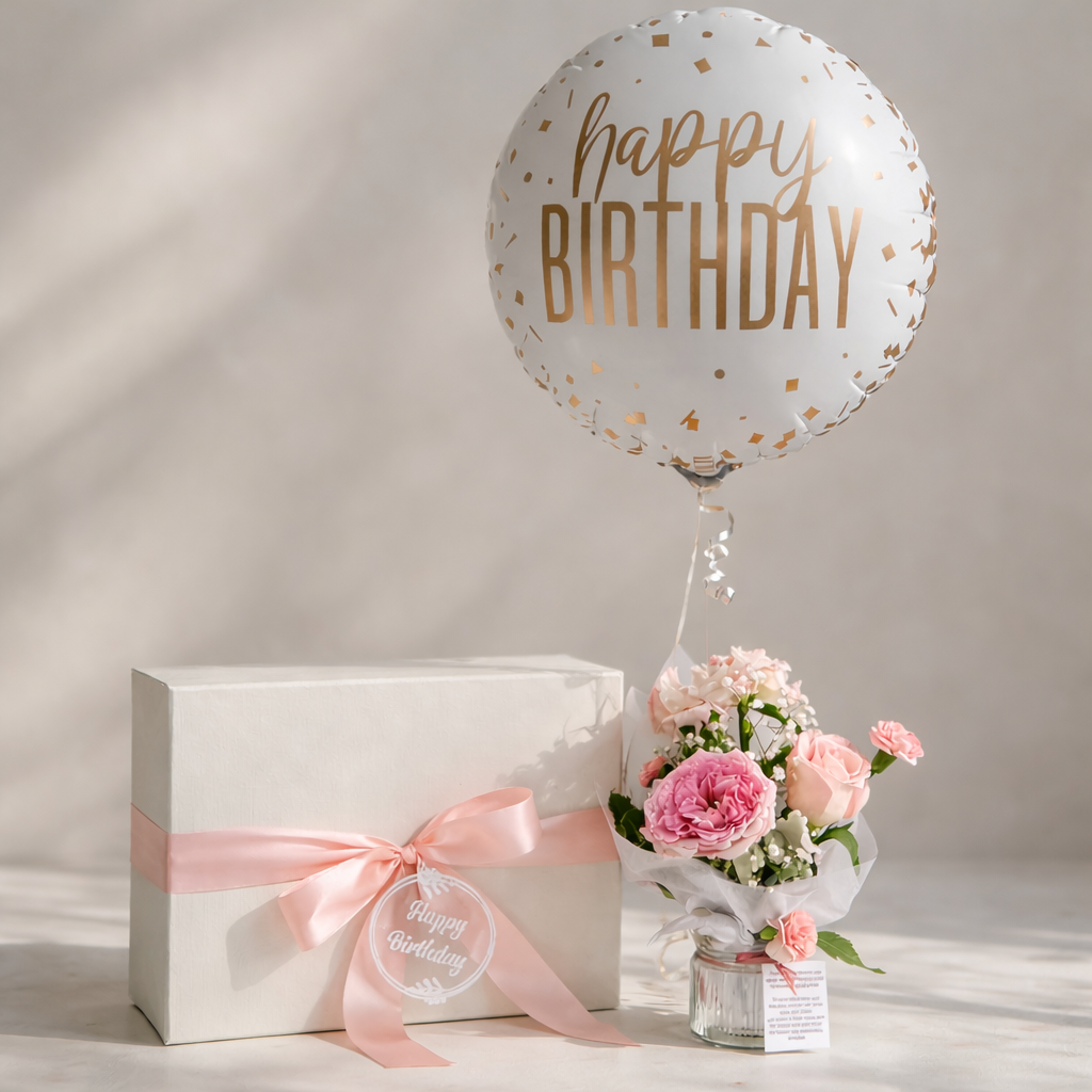 Birthday hamper Sydney with candle, perfume, balloons and fresh flowers