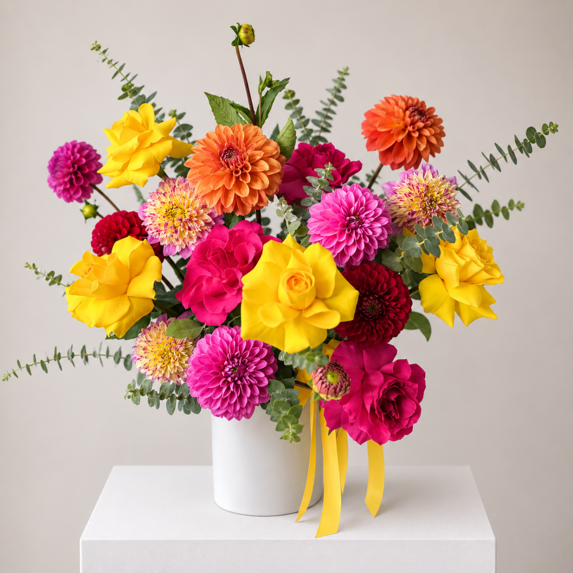 Vibrant seasonal fresh flowers and rose flower box arrangement | luxury roses delivery Sydney