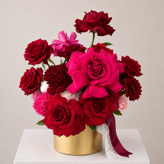 Modern fresh flower arrangement of seasonal red, pink, and white flowers in a gold vase - same day luxury flower delivery Thornleigh, Pennant Hills, Castle Hill, Hills District Sydney