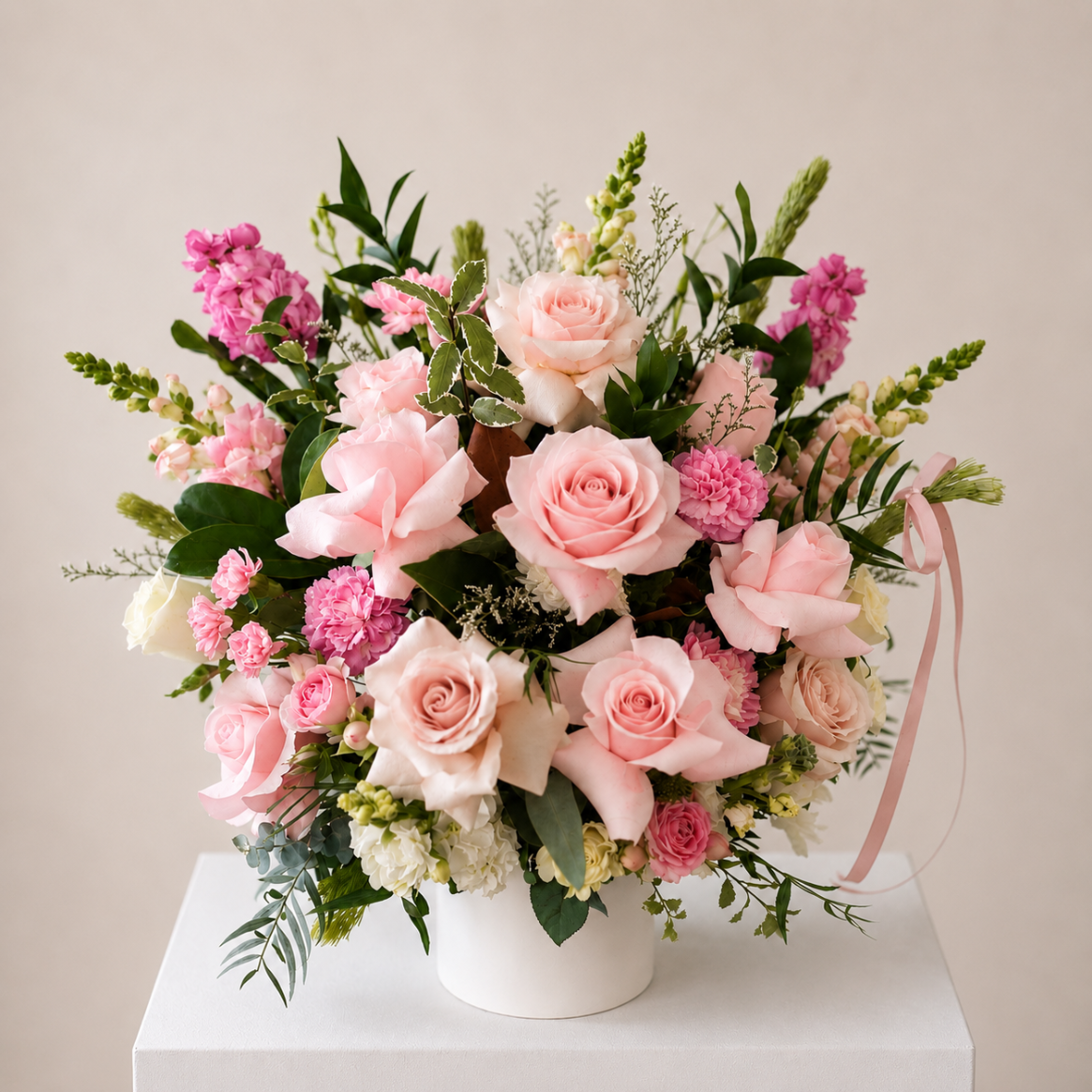 A lush floral arrangement of pink and blush roses, pink carnations and textured foliage | flower delivery Sydney