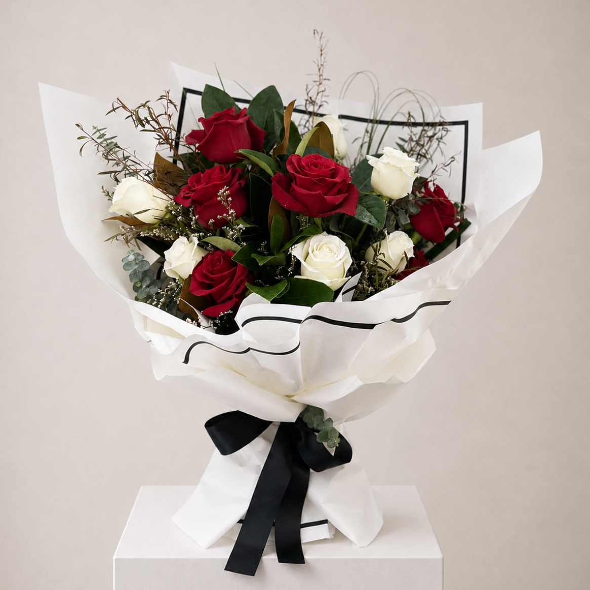Red and White premium roses bouquet available for same day flower delivery in Sydney 