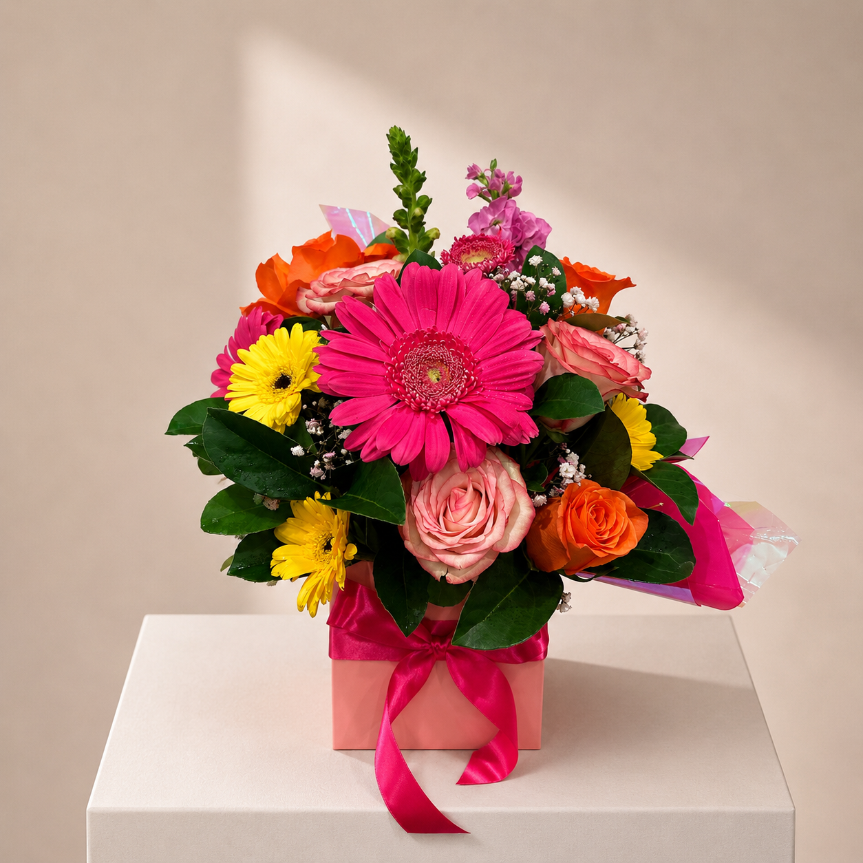 Luxury pink gerbera and rose flower box arrangement with satin ribbon for same-day Sydney flower delivery.