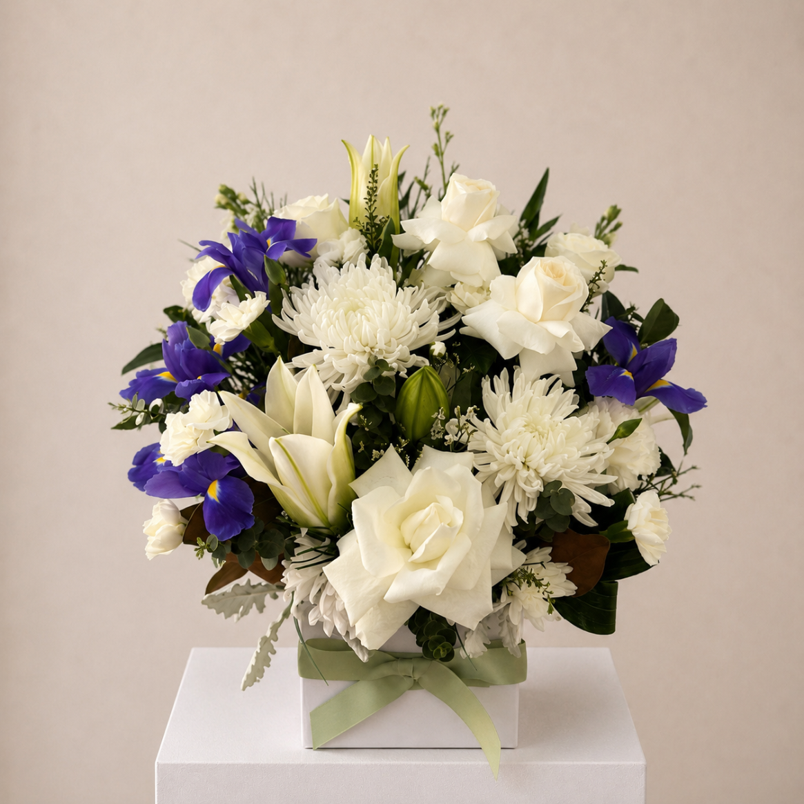 White and blue sympathy flower arrangement - funeral flowers Sydney