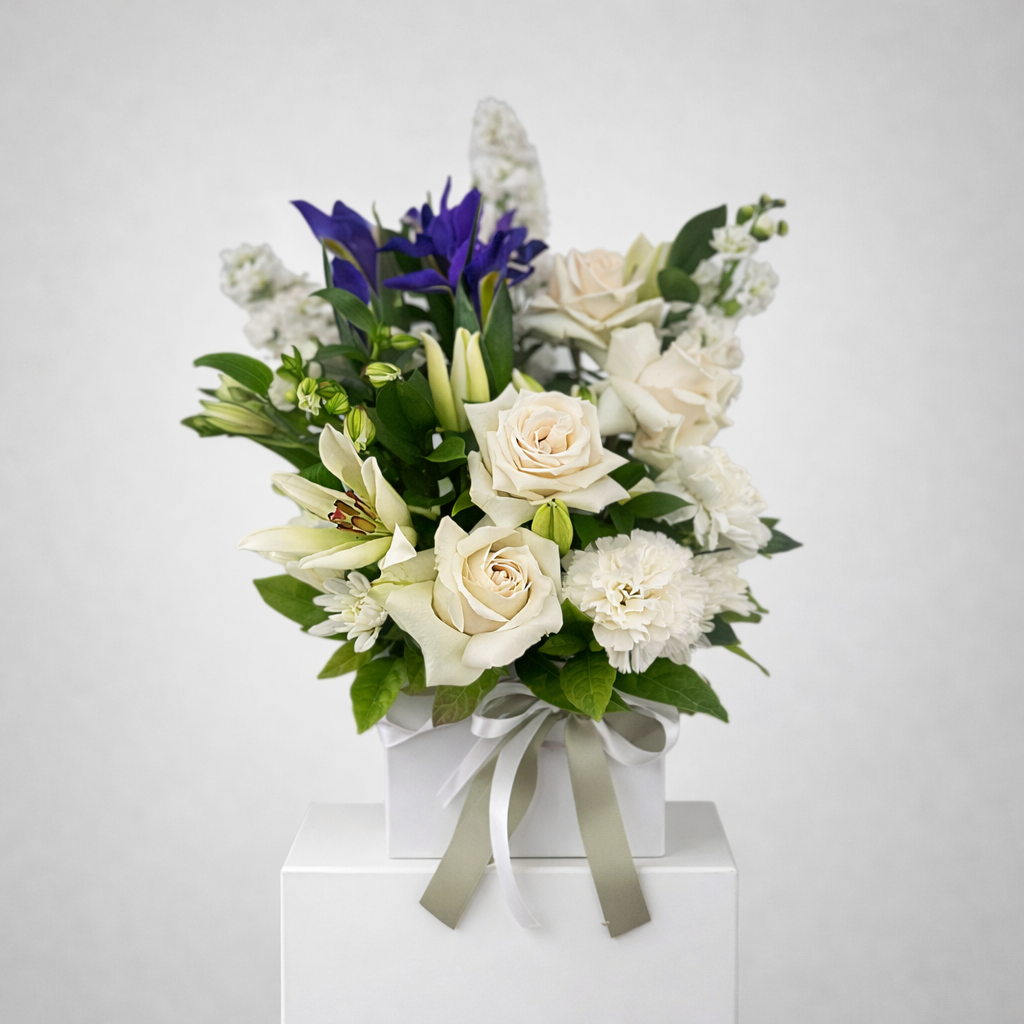 Neutral toned flower arrangement for sympathy and funeral, Ryde flower delivery 