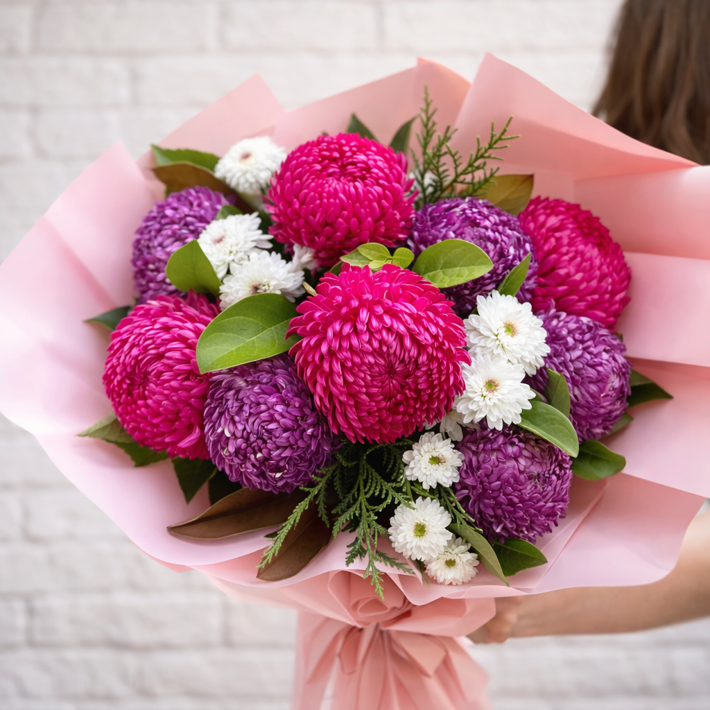 Pink and purple chrysanthemum bouquet wrapped in blush paper – flower delivery Sydney Hills District