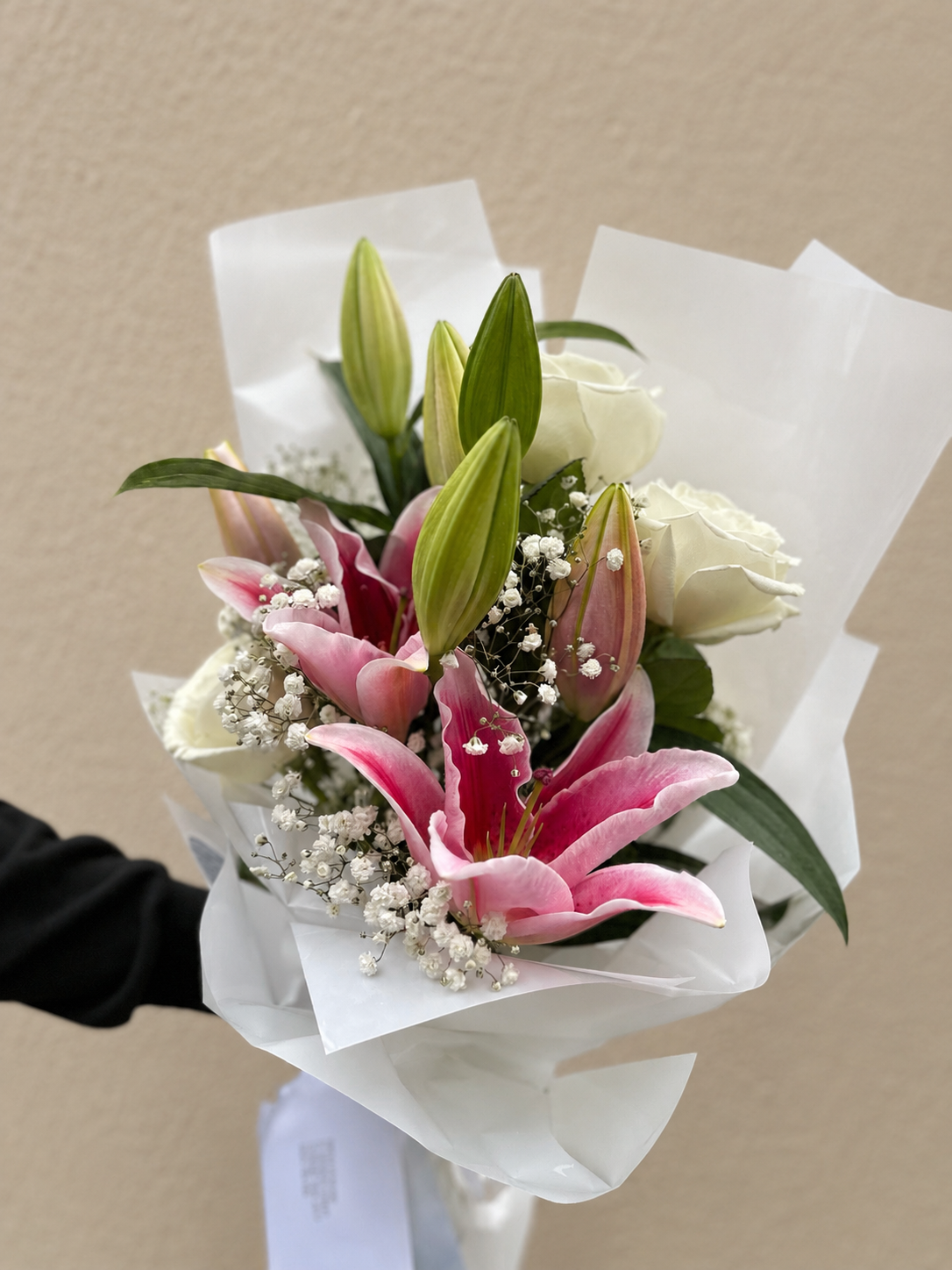 Bouquet of pink lilies and white roses available for same day flower delivery in Sydney 