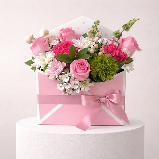 Pink flower envelope box arrangement for Sydney flower delivery. Perfect if you're looking for
birthday flowers in Castle Hill