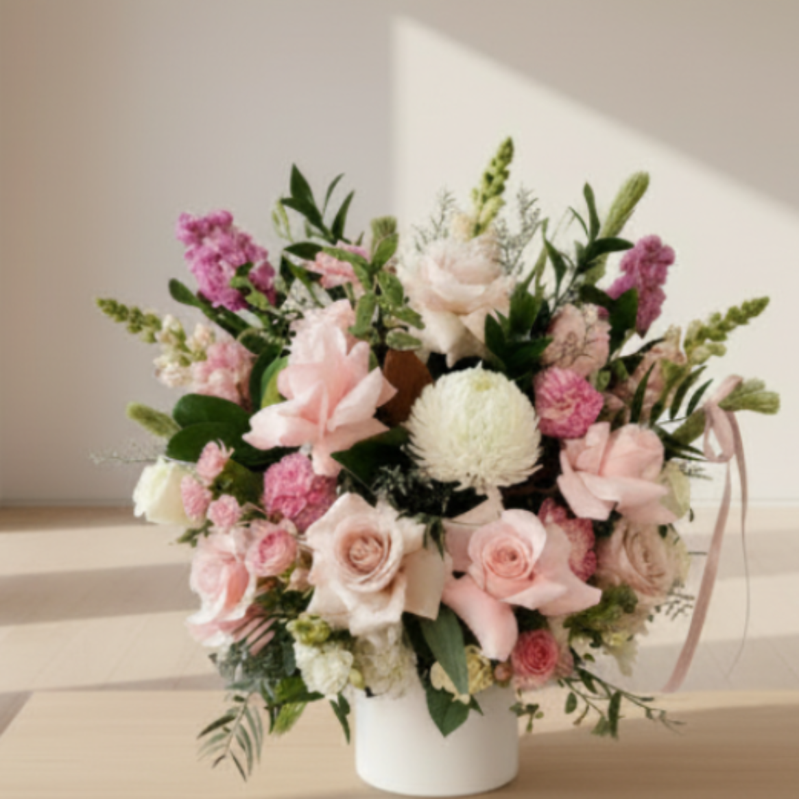 Luxury pink box with luxury pink seasonal blooms, big chrysanthemum, pink roses, and seasonal greeneries. Flower delivery Sydney