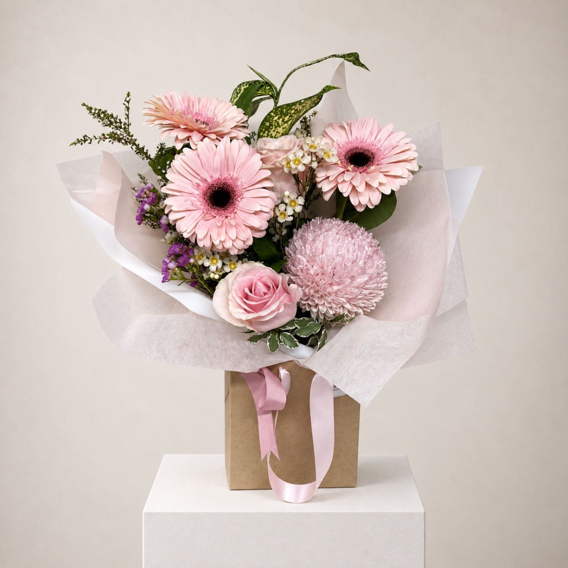 pink gerbera and rose gift bag blooms - same day flower delivery Sydney