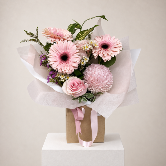 pink gerbera and rose gift bag blooms - same day flower delivery Sydney