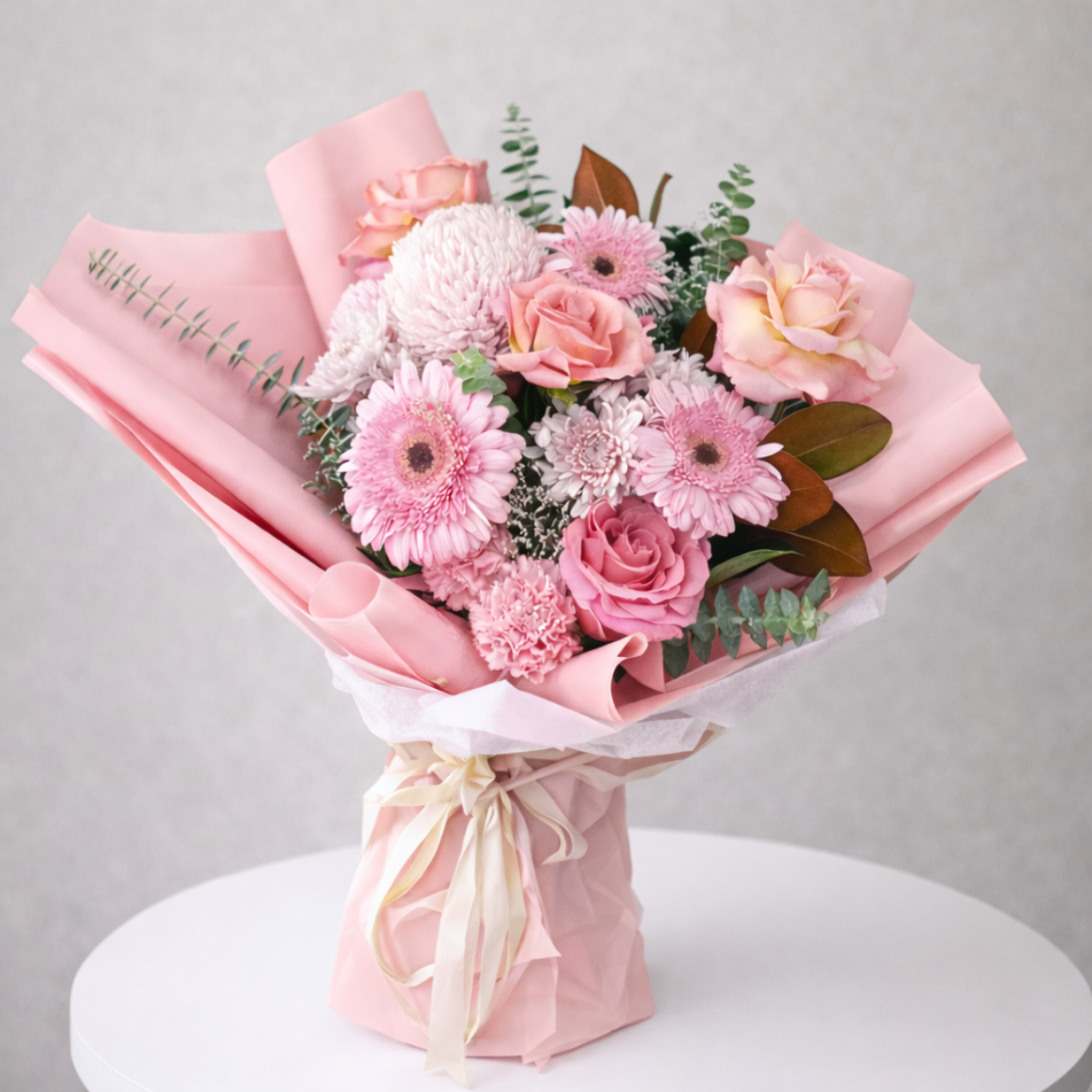 Pink seasonal flower bouquet suitable for new baby flowers. Same day flower delivery to hospitals and home