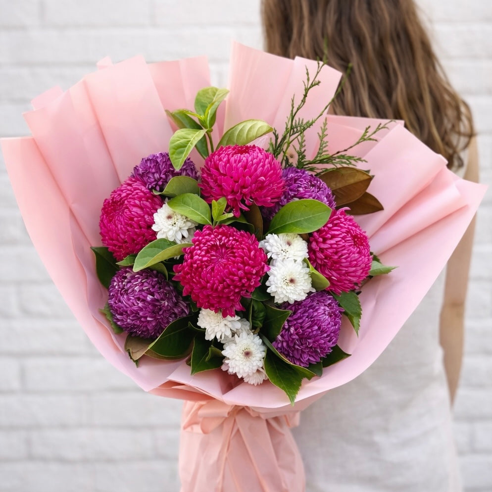 Luxury pink chrysanthemum disbud bouquet – same day flower delivery Sydney and North Shore