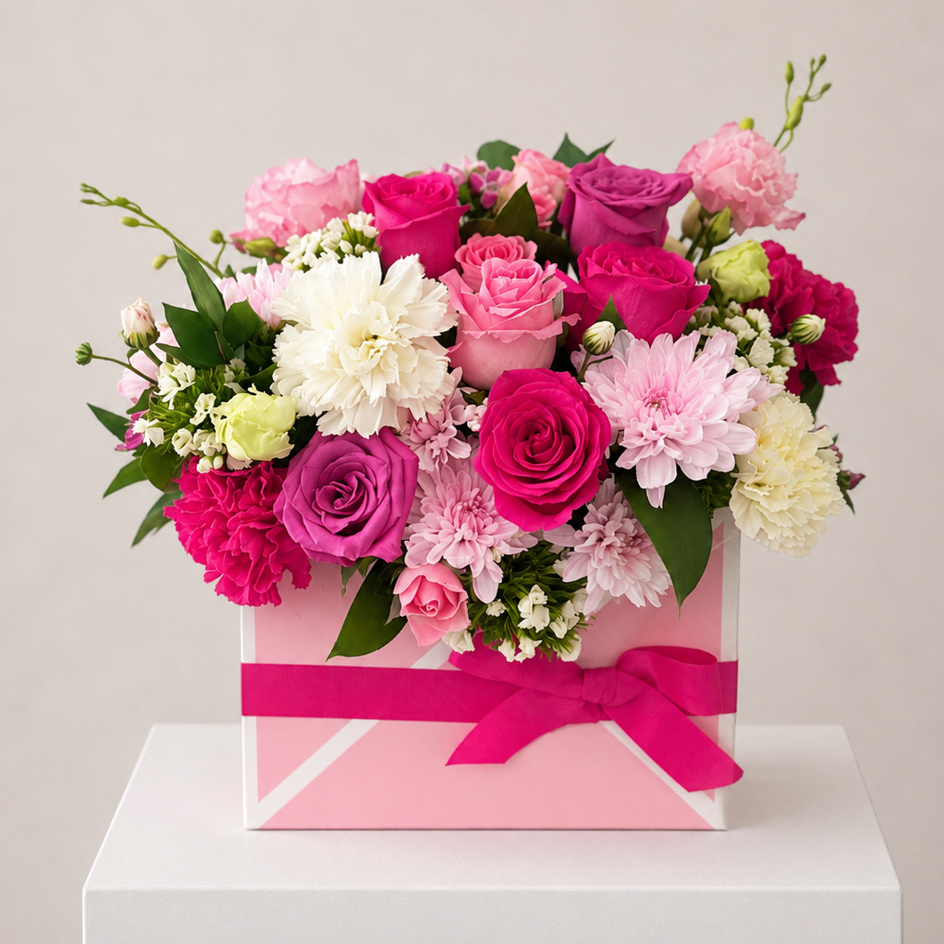 A pink floral arrangement in a pink gift box with a bright pink ribbon, displayed on a white pedestal against a light beige background. The bouquet features pink, magenta, white, and green flowers same day flower delivery Sydney.