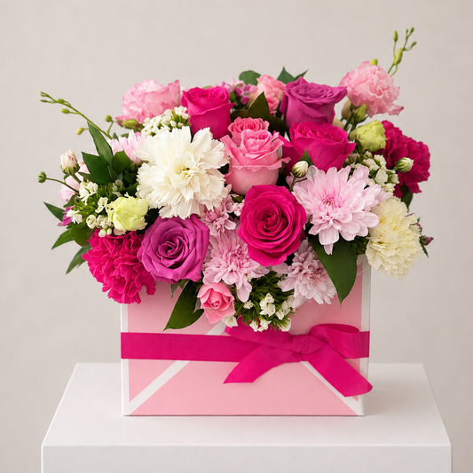 A pink floral arrangement in a pink gift box with a bright pink ribbon, displayed on a white pedestal against a light beige background. The bouquet features pink, magenta, white, and green flowers same day flower delivery Sydney.