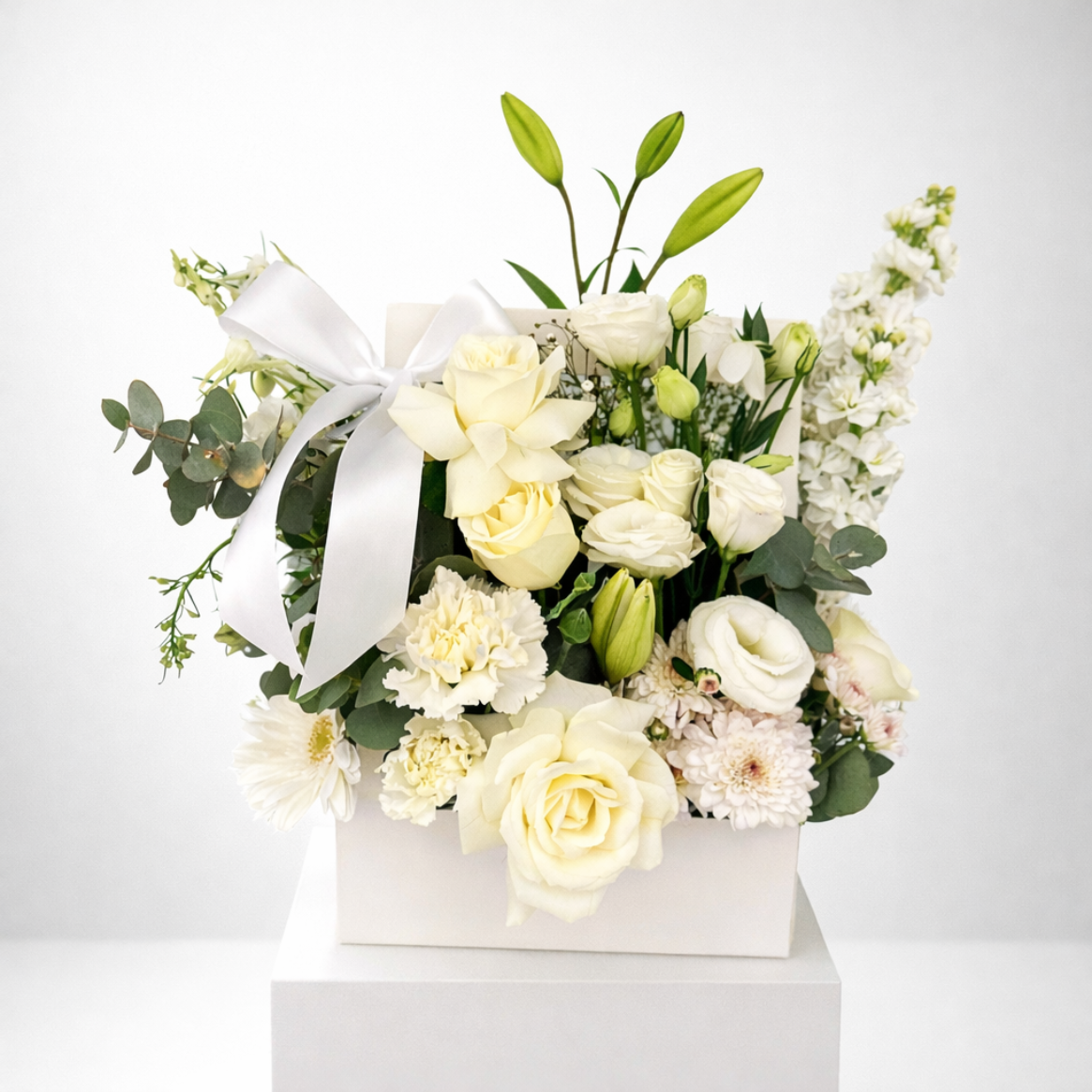 White and green Sympathy Flower Arrangement available for same-day funeral flowers delivery across Sydney
