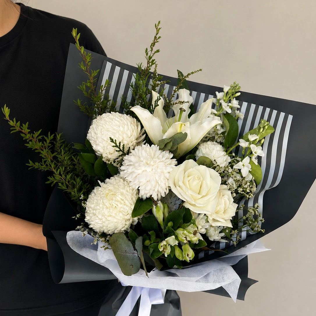 White flower bouquet of roses, lilies and chrysanthemums | same day funeral flower delivery Castle Hill 