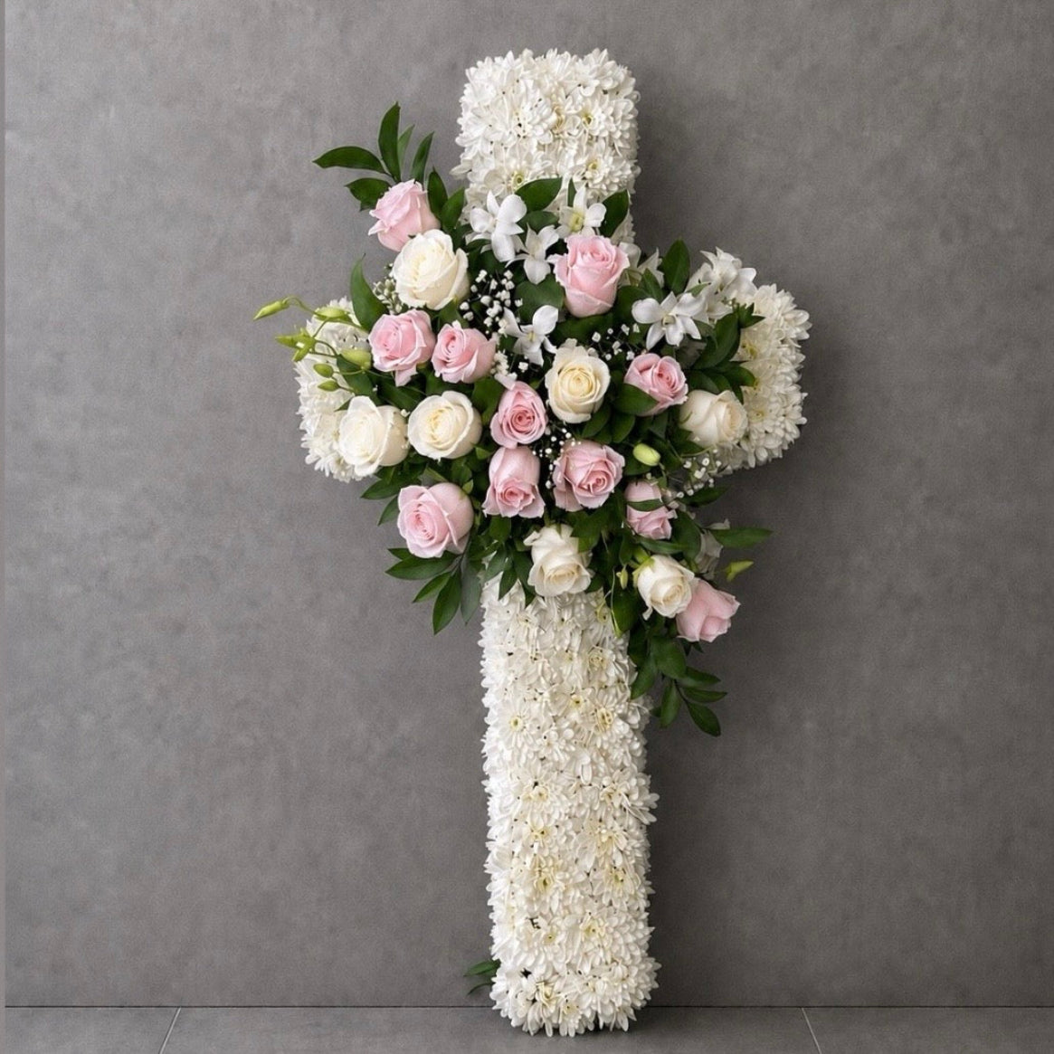 White and Pink Rose Cross Funeral Tribute flowers Sydney wide delivery