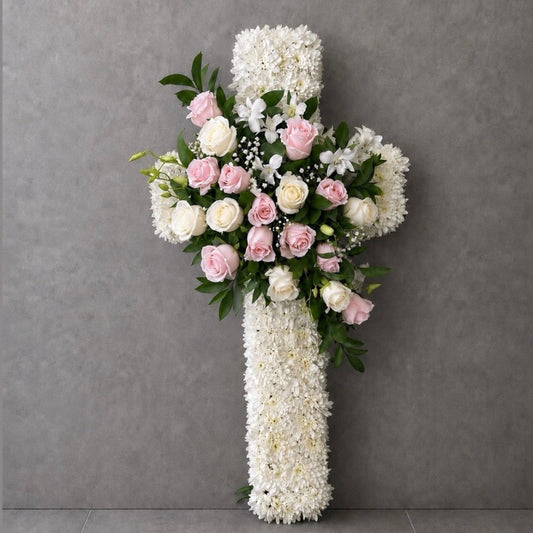 White and Pink Rose Cross Funeral Tribute flowers Sydney wide delivery