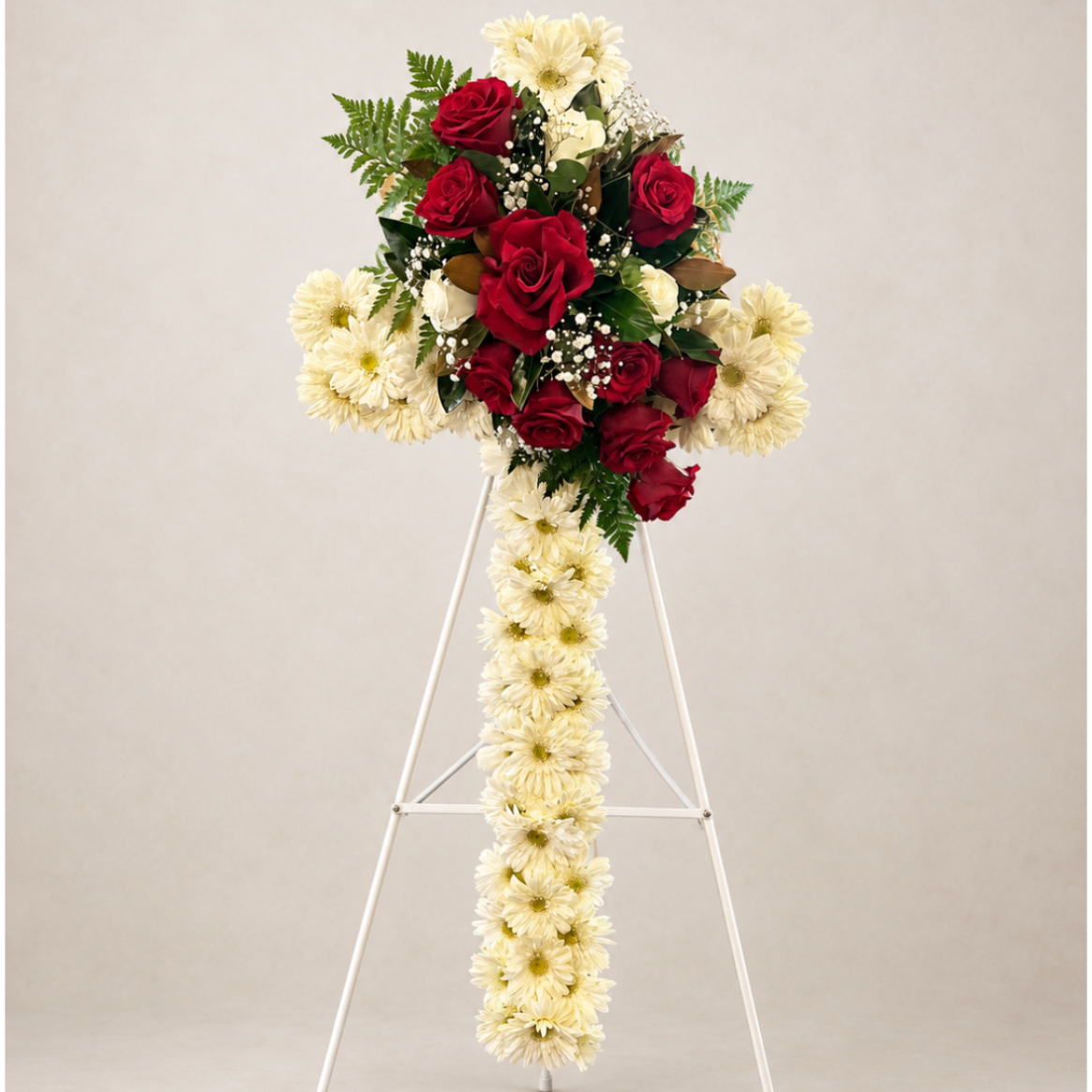 White and Red Rose Deluxe Cross Tribute Sydney Funeral Flowers