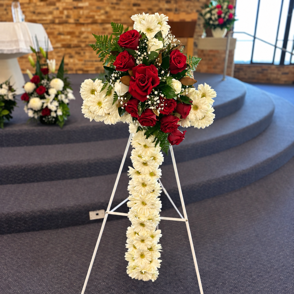 White and Red Rose Deluxe Cross Tribute Sydney Funeral Flowers