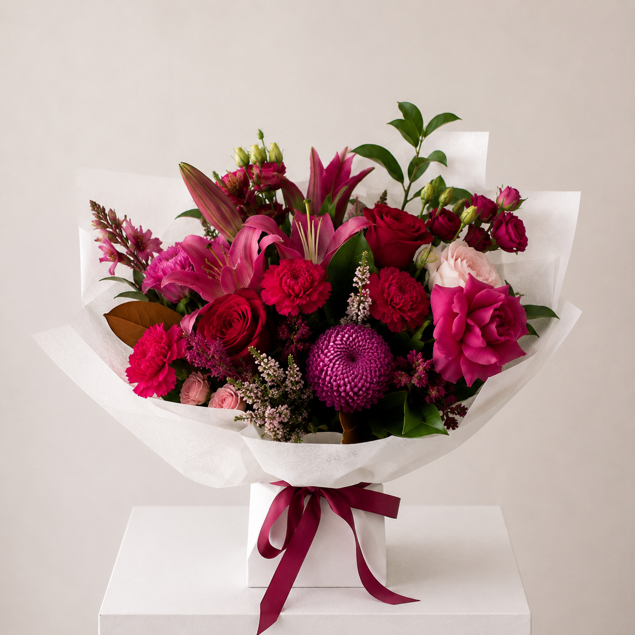 Red a Pink Bouquet featuring pink lilies, red roses and seasonal flowers wrapped in white paper Available for same-day delivery to Castle Hill, Parramatta, Ryde And across Sydney. 