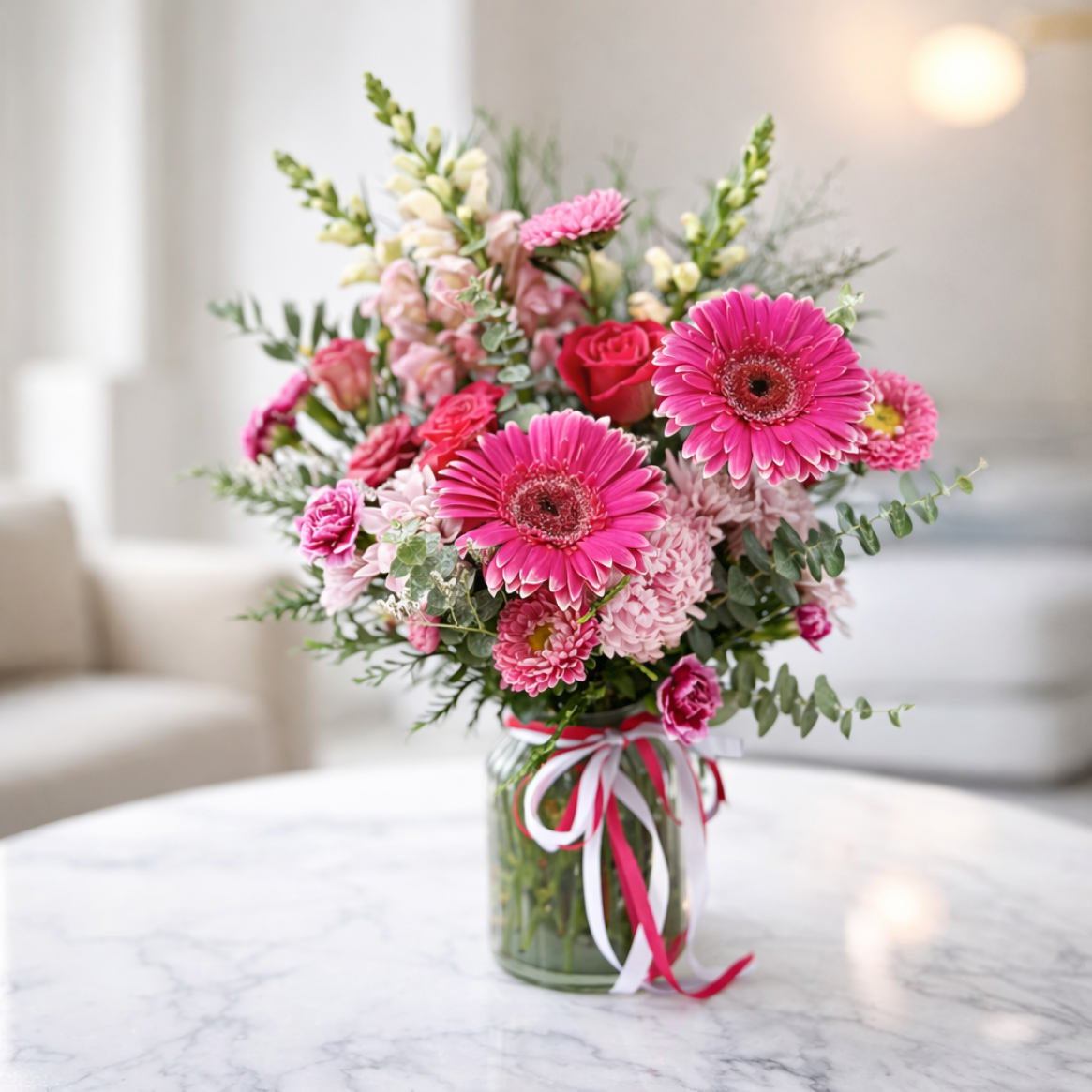 pink gerbera and rose flower arrangement in glass vase hills district florist